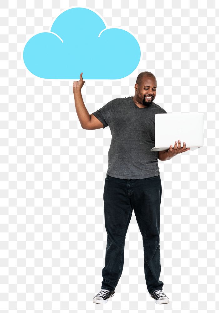 Png Cheerful man holding an online cloud storage symbol, transparent background