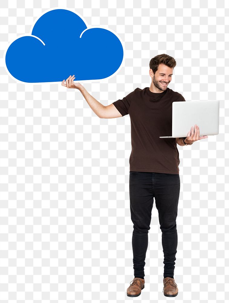 Png Cheerful man using laptop and a cloud computing icon, transparent background