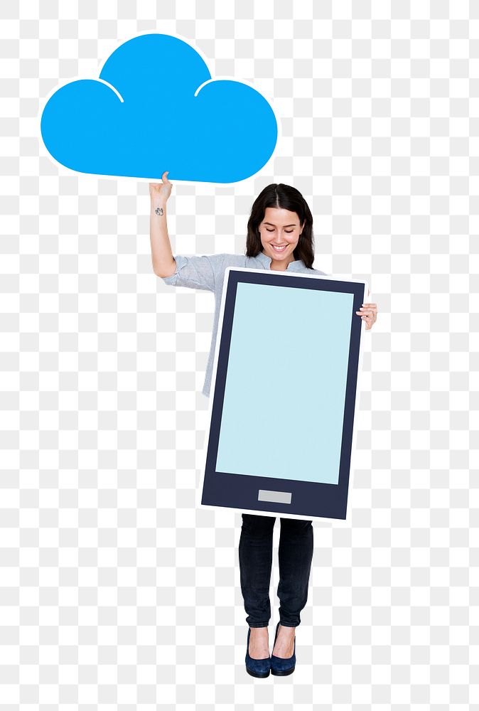 Png Cheerful woman holding an online cloud storage icon, transparent background