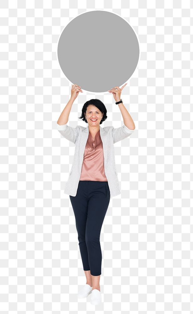 Png Happy woman holding round empty board, transparent background