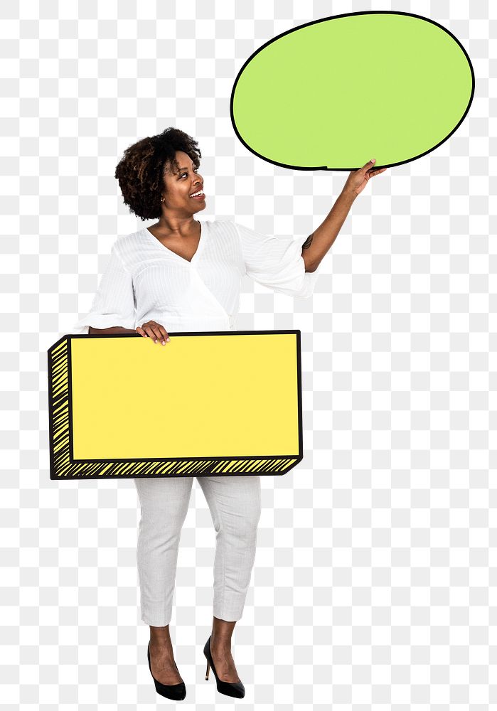 Png Happy woman with empty boards, transparent background