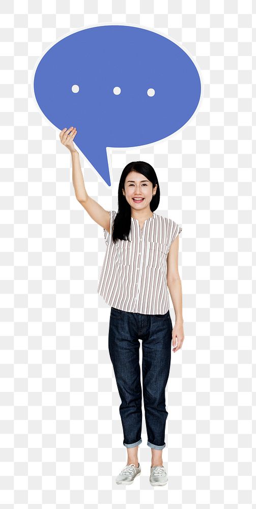 Png Woman showing blue speech bubble icon, transparent background