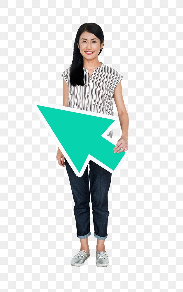 Png Woman holding green arrow cursor, transparent background