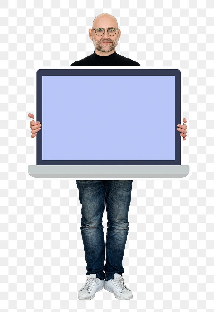 Png Man showing blank laptop screen, transparent background