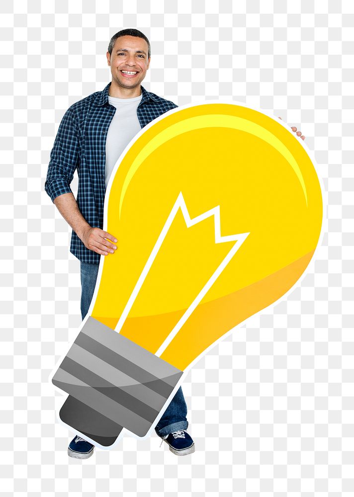 Png Man holding light bulb icon, transparent background