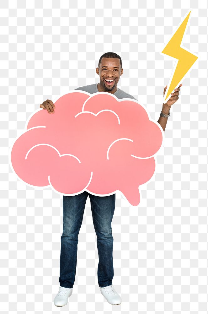 Png Man holding brain with a lightning bolt, transparent background