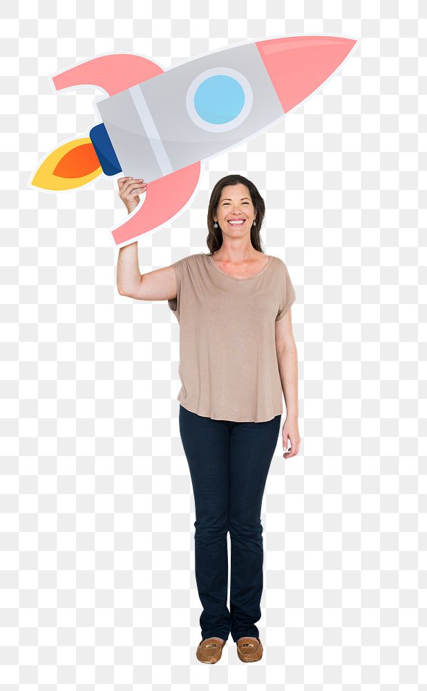 Png Woman holding rocket icon, transparent background