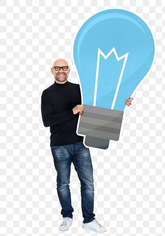 Png Happy man with light bulb icon, transparent background