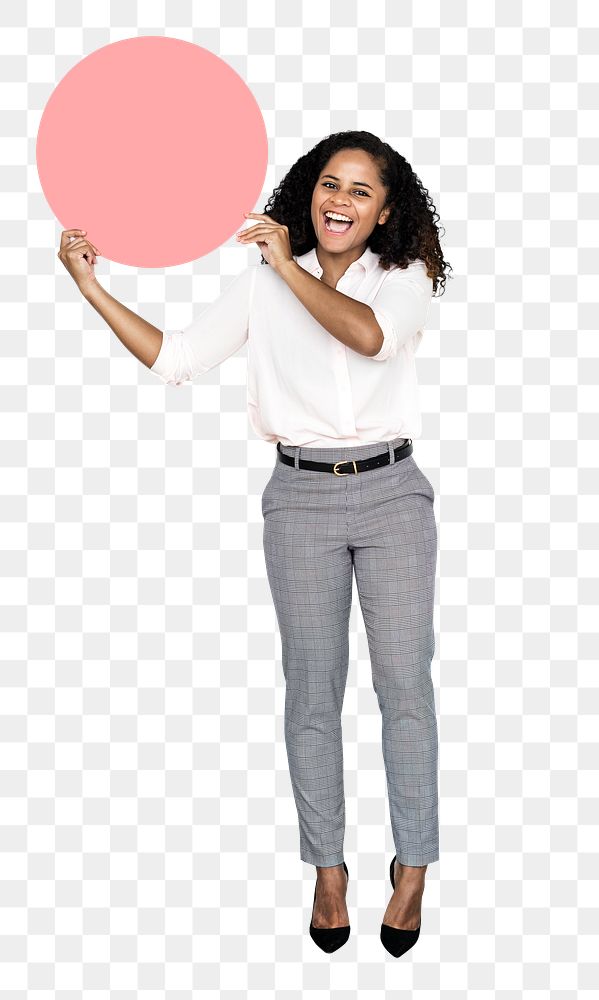 Png Cheerful businesswoman holding round empty board, transparent background
