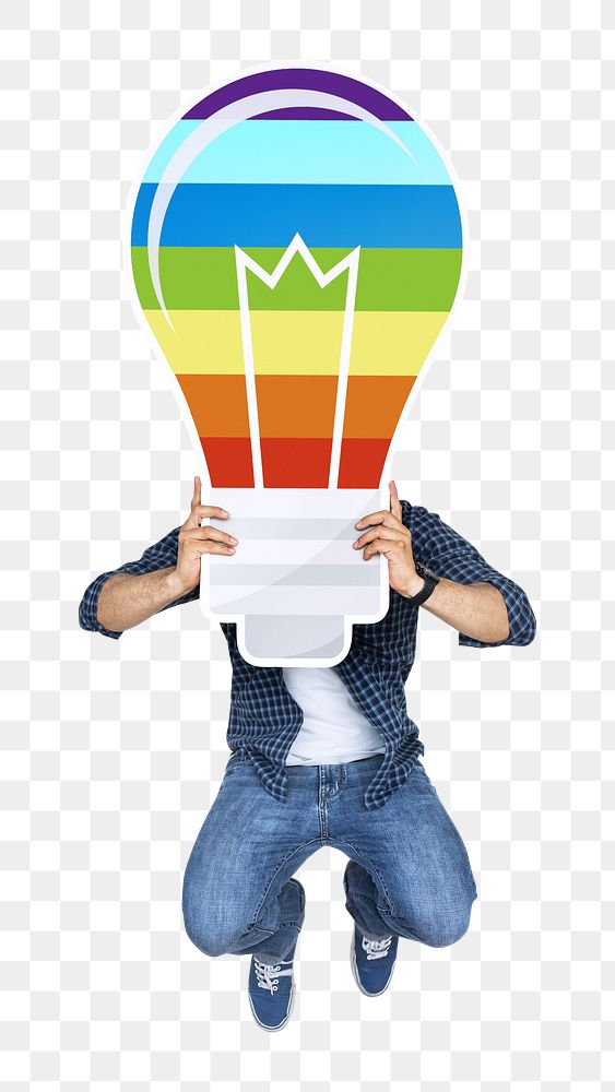 Png Man holding colorful light bulb icon, transparent background