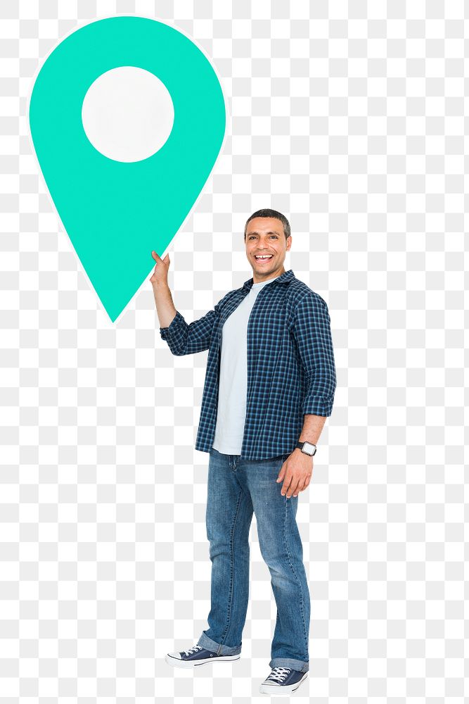 Png Man holding location pin symbol, transparent background
