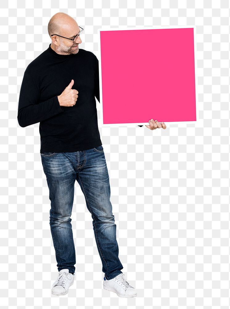 Png Man showing thumbs up and a blank board, transparent background