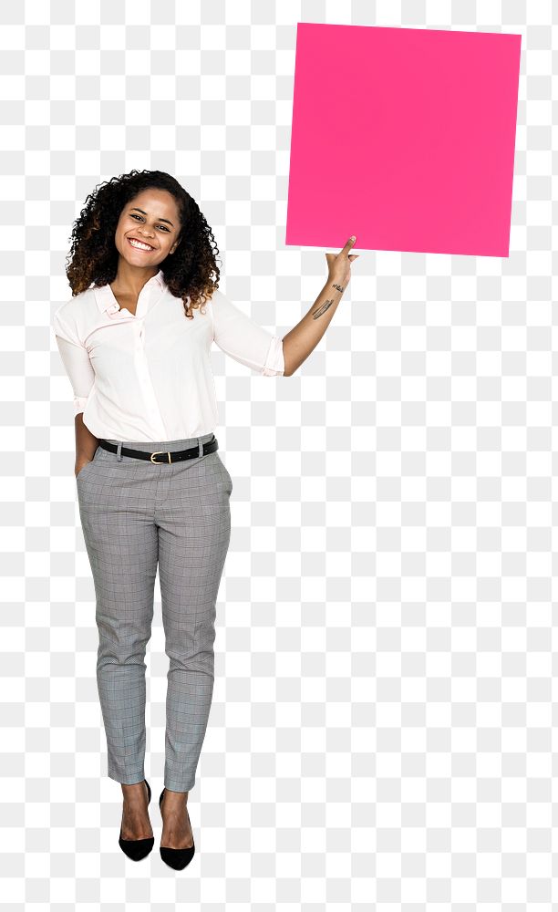 Png Young woman with blank box, transparent background