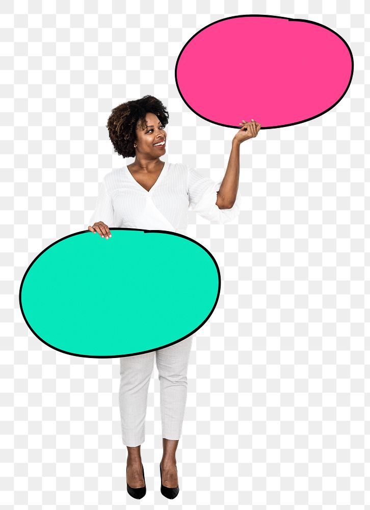 Png African American woman holding blank boards, transparent background