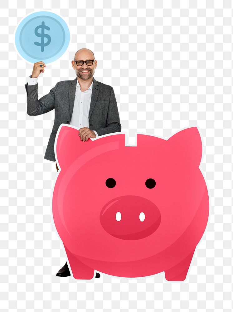 Png Man saving money in piggy bank, transparent background
