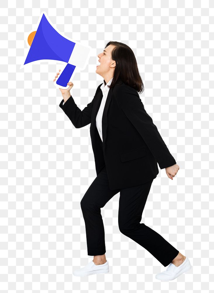 Png Businesswoman shouting through megaphone, transparent background