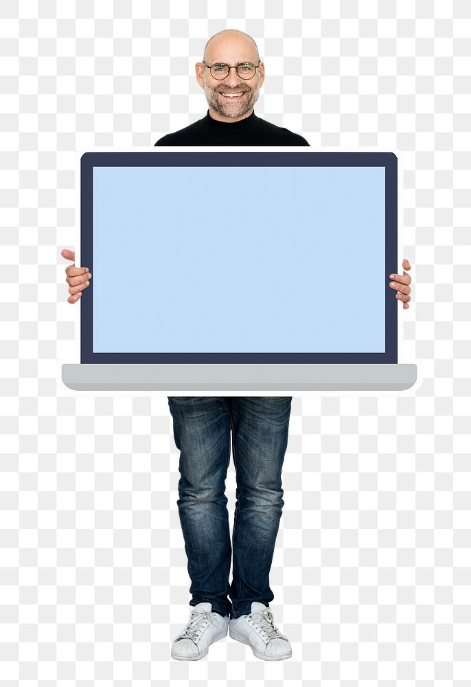 Png Man showing blank laptop screen, transparent background