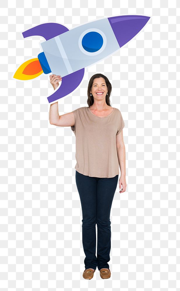Png Woman holding rocket icon, transparent background