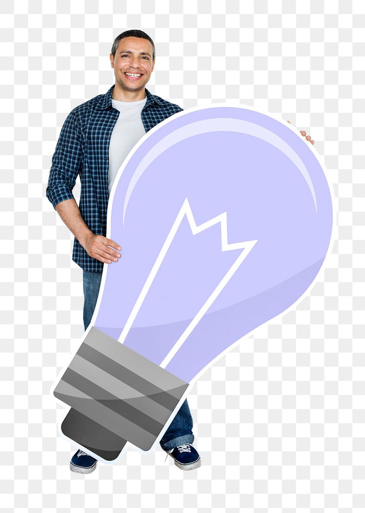 Png Man holding light bulb icon, transparent background