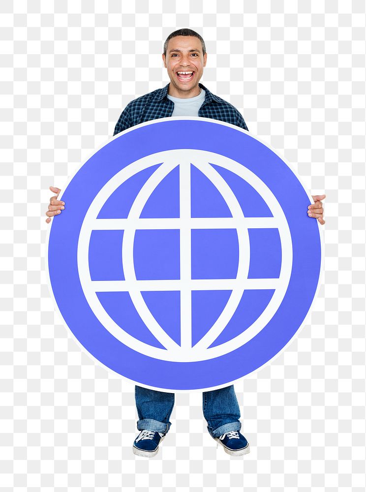 Png Happy man holding www symbol, transparent background