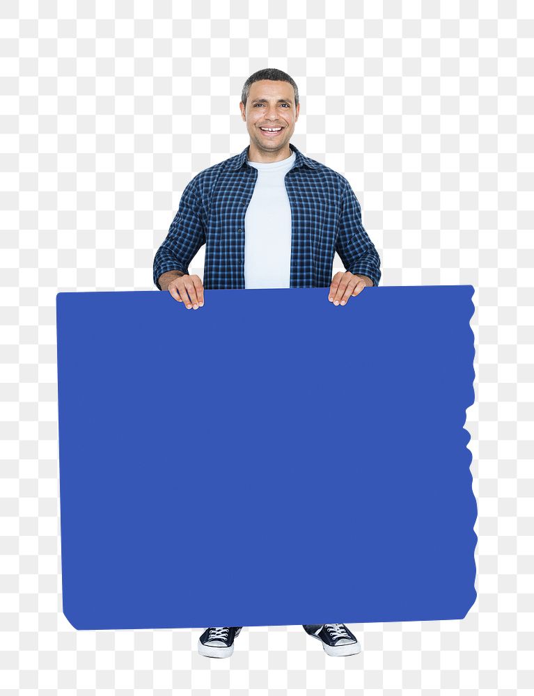 Png Man holding stand together board, transparent background