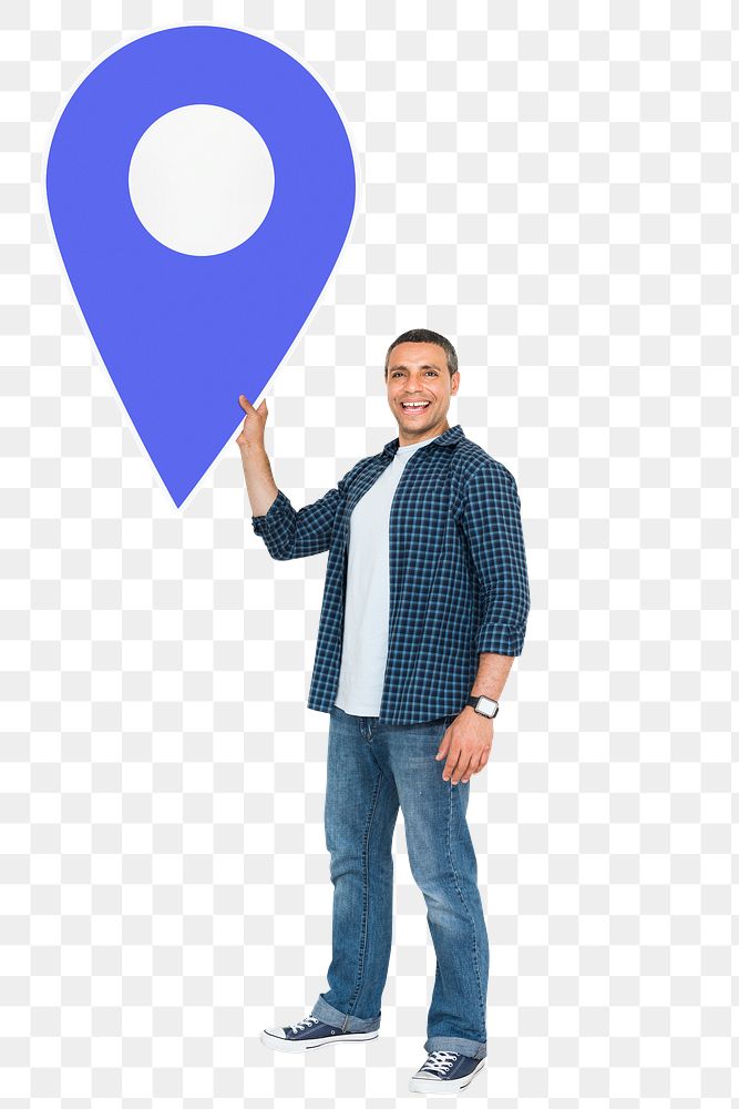 Png Man holding location pin symbol, transparent background