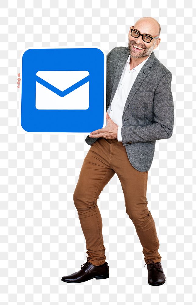 Png Mature man holding an email icon, transparent background