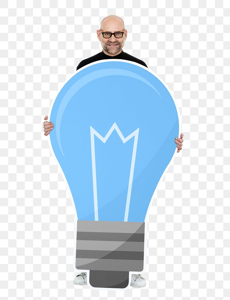 Png Creative man with blue light bulb symbol, transparent background