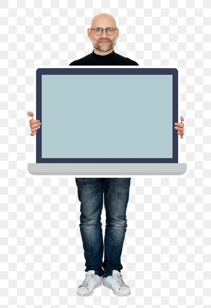 Png Man showing blank laptop, transparent background
