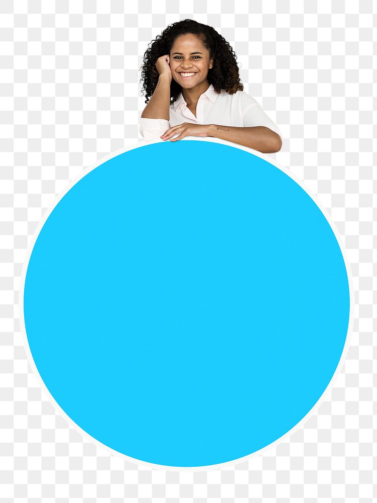 Png Woman showing blank blue circle board, transparent background