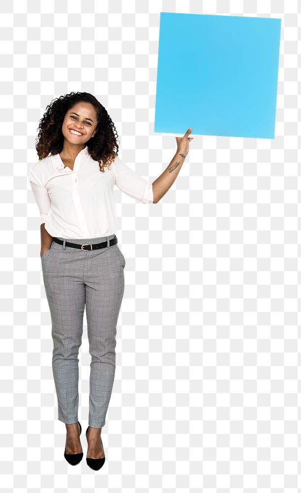 Png Woman showing blank blue square board, transparent background