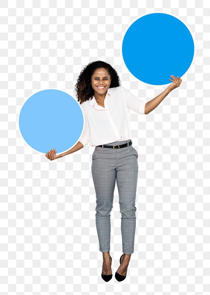 Png Woman showing blank blue circle boards, transparent background