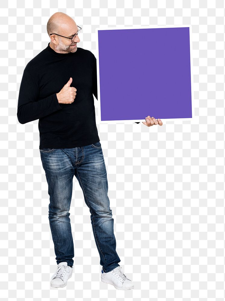 Png Man with blank blue square board, transparent background