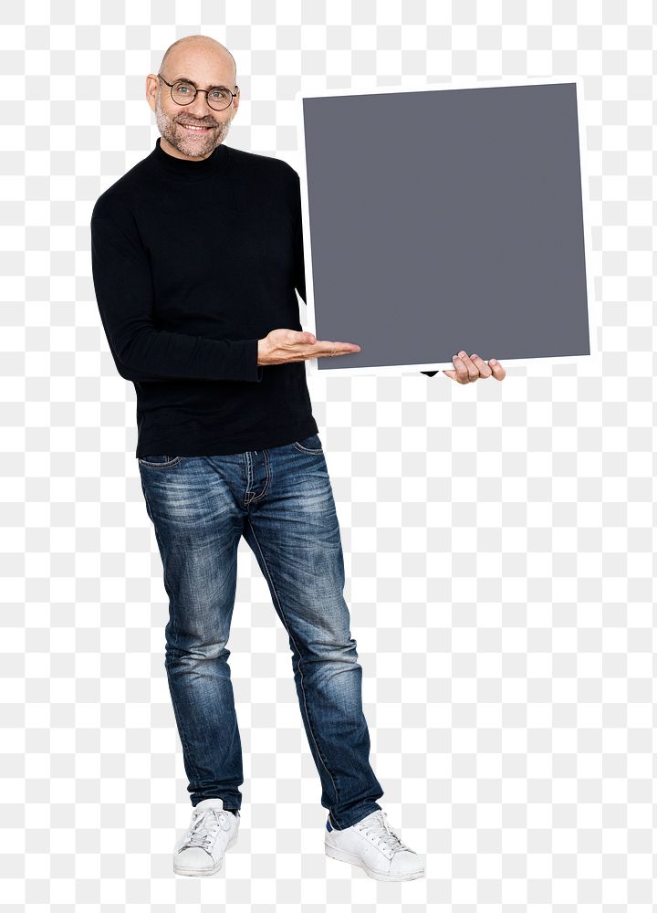 Png Cheerful man presenting blank gray square board, transparent background