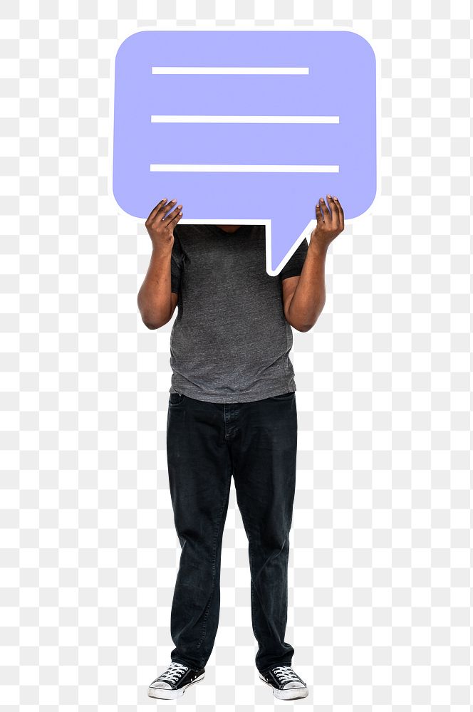 Png Man holding blank speech bubble, transparent background