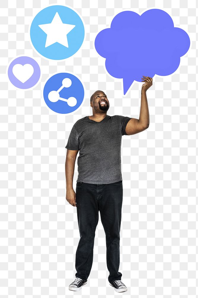 Png Man holding social medisymbols, transparent background