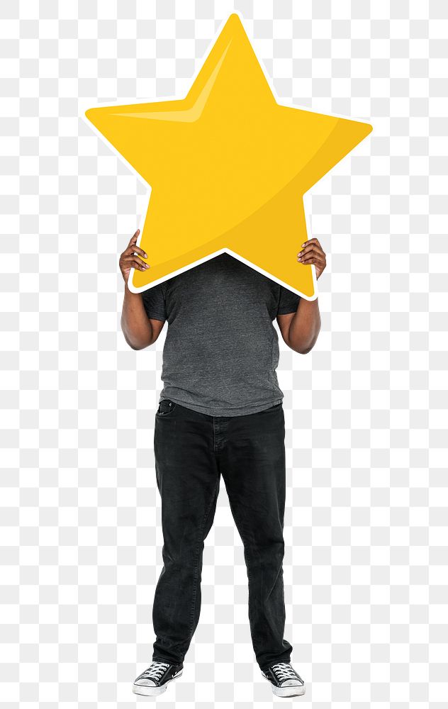 Png Cheerful man holding golden star rating symbol, transparent background