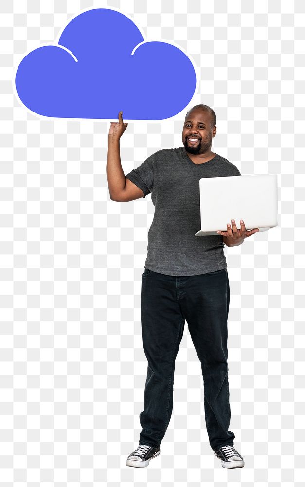 Png Happy man with laptop and a cloud, transparent background