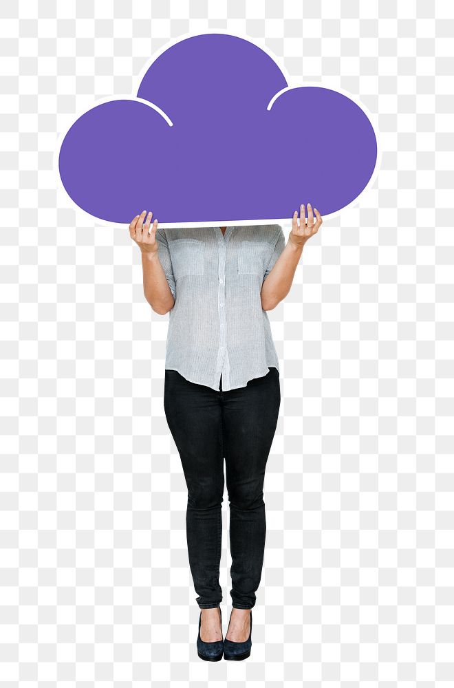 Png Woman holding blue cloud symbol, transparent background