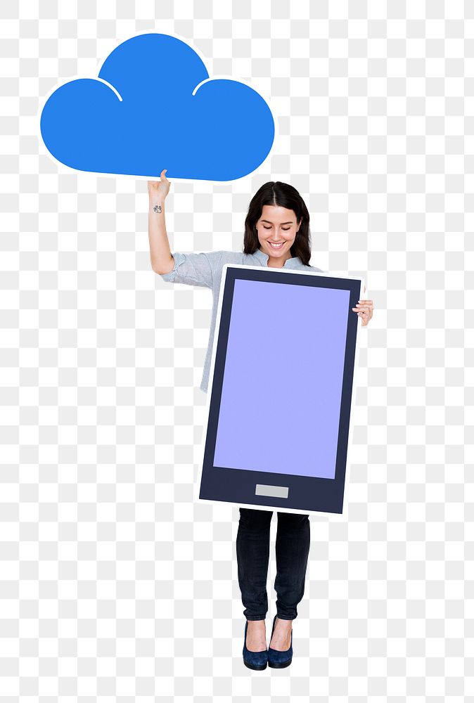 Png Cheerful woman holding tablet and a cloud, transparent background