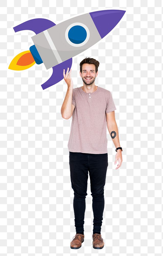 Png Creative man with launching rocket symbol, transparent background