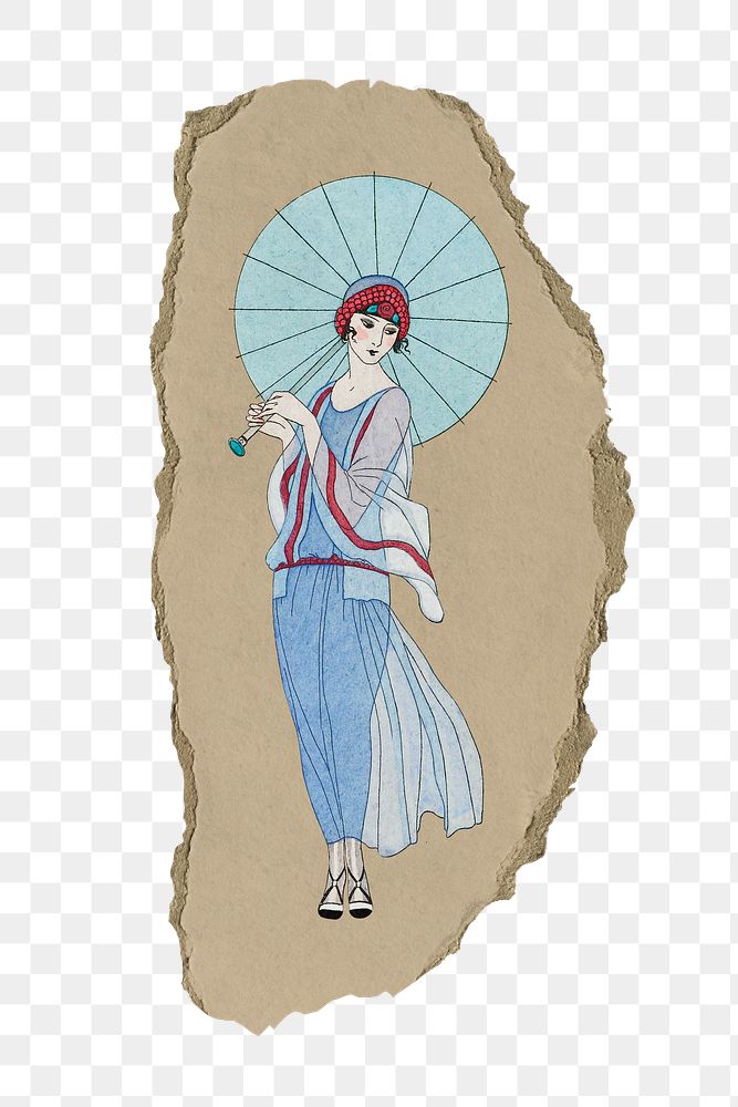 PNG Beautiful woman with umbrella illustration, remix from artworks by George Barbier, ripped paper transparent background.…