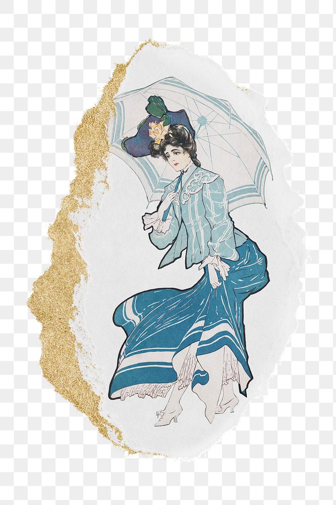 PNG Woman with blue umbrella illustration, ripped paper transparent background. Remixed by rawpixel.