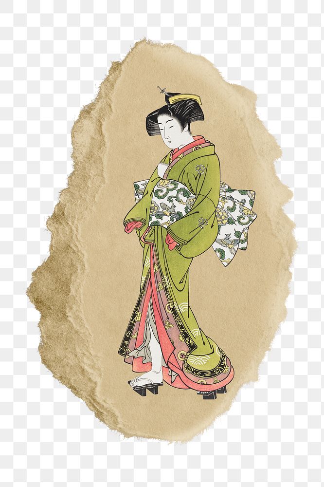 PNG Japanese woman illustration, ripped paper transparent background. Remixed by rawpixel.