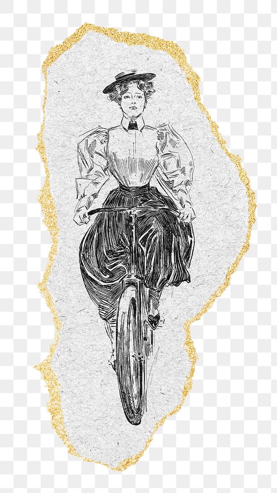 PNG Vintage female cyclist illustration, ripped paper transparent background. Remixed by rawpixel.