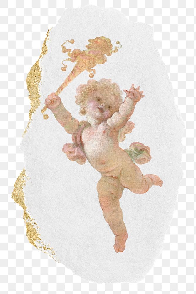 PNG Vintage cherub, ripped paper transparent background. Remixed by rawpixel.