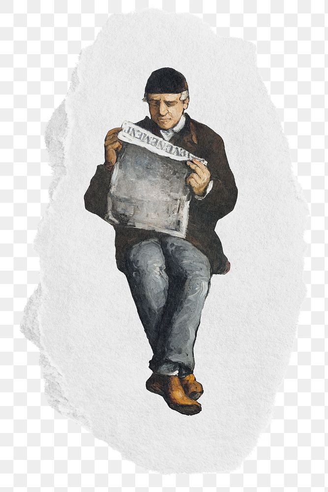 PNG Man reading newspaper, Cezanne’s Father post-impressionist illustration, ripped paper transparent background. Remixed by…