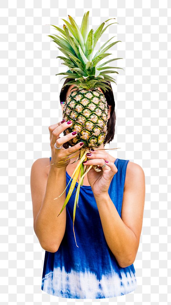 PNG Asian woman holding pineapple, collage element, transparent background