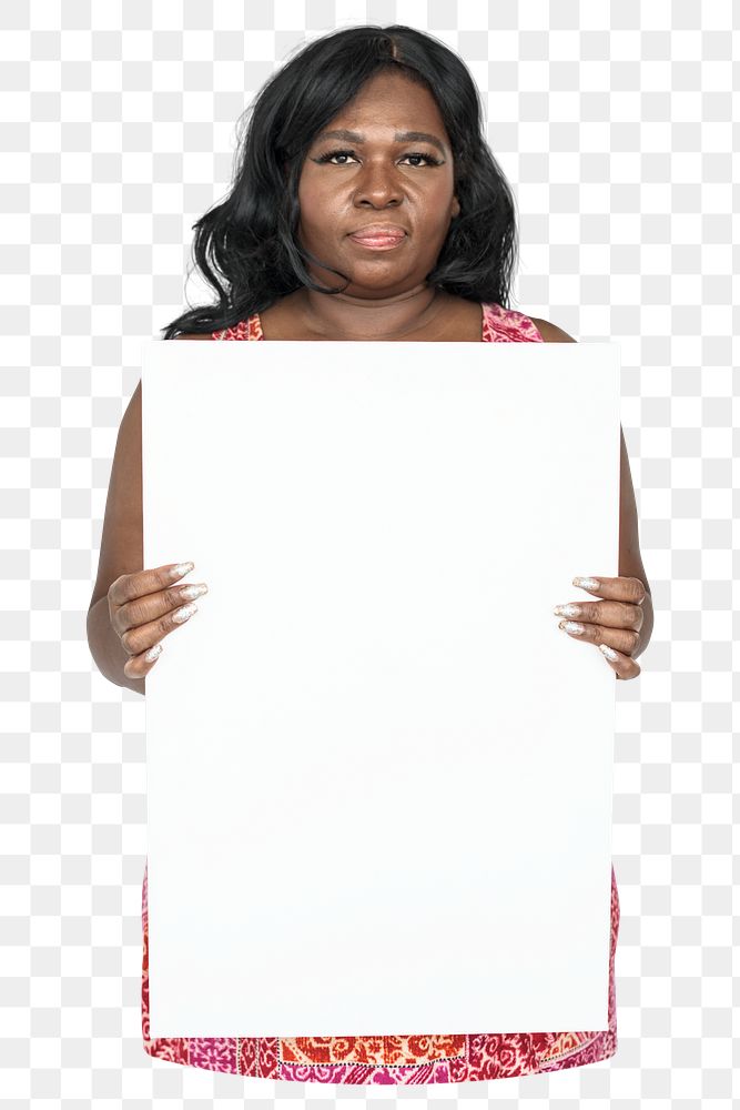 Woman holding sign png element, transparent background