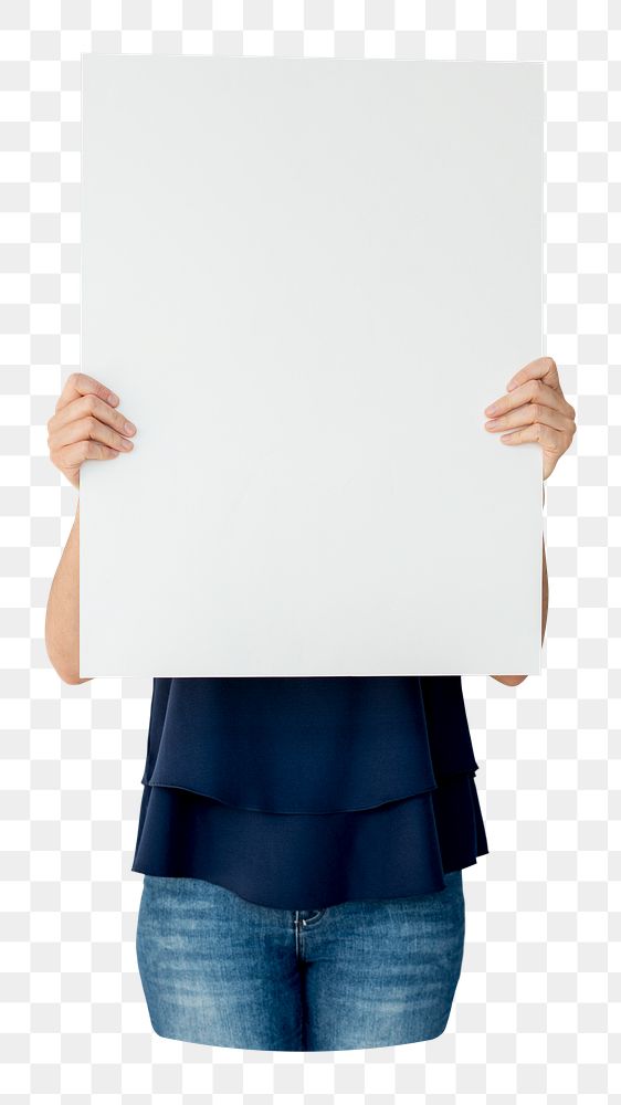 Woman holding placard png element, transparent background